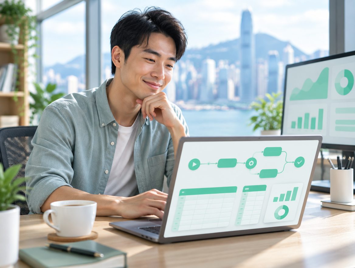 香港上班族在辦公室用筆記電腦查看自動化流程圖與報表