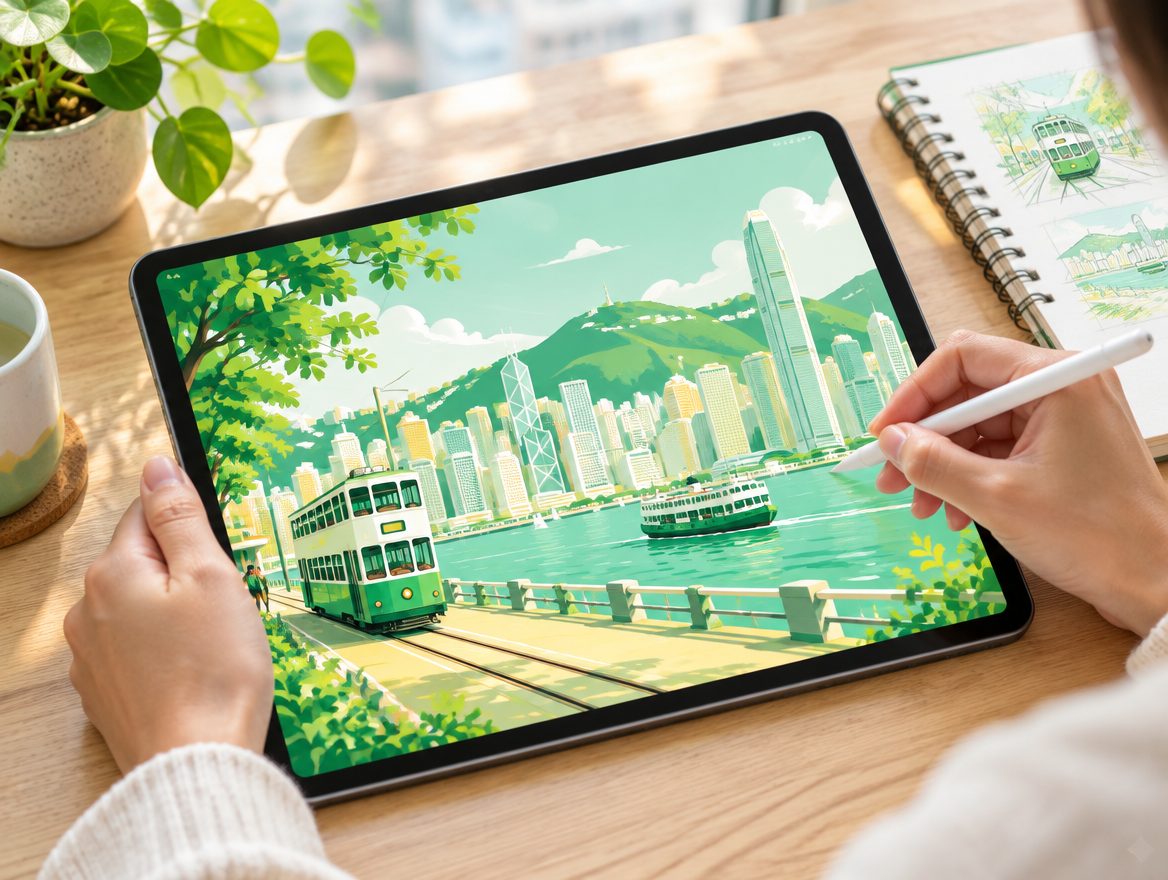 學員在 iPad 上用 Apple Pencil 繪畫香港海港插畫