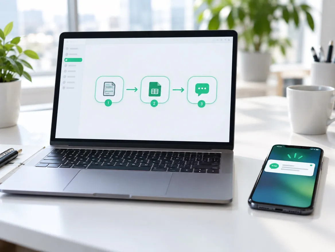 手提電腦顯示由表單、試算表到通知的三步自動化流程，旁邊手機收到通知