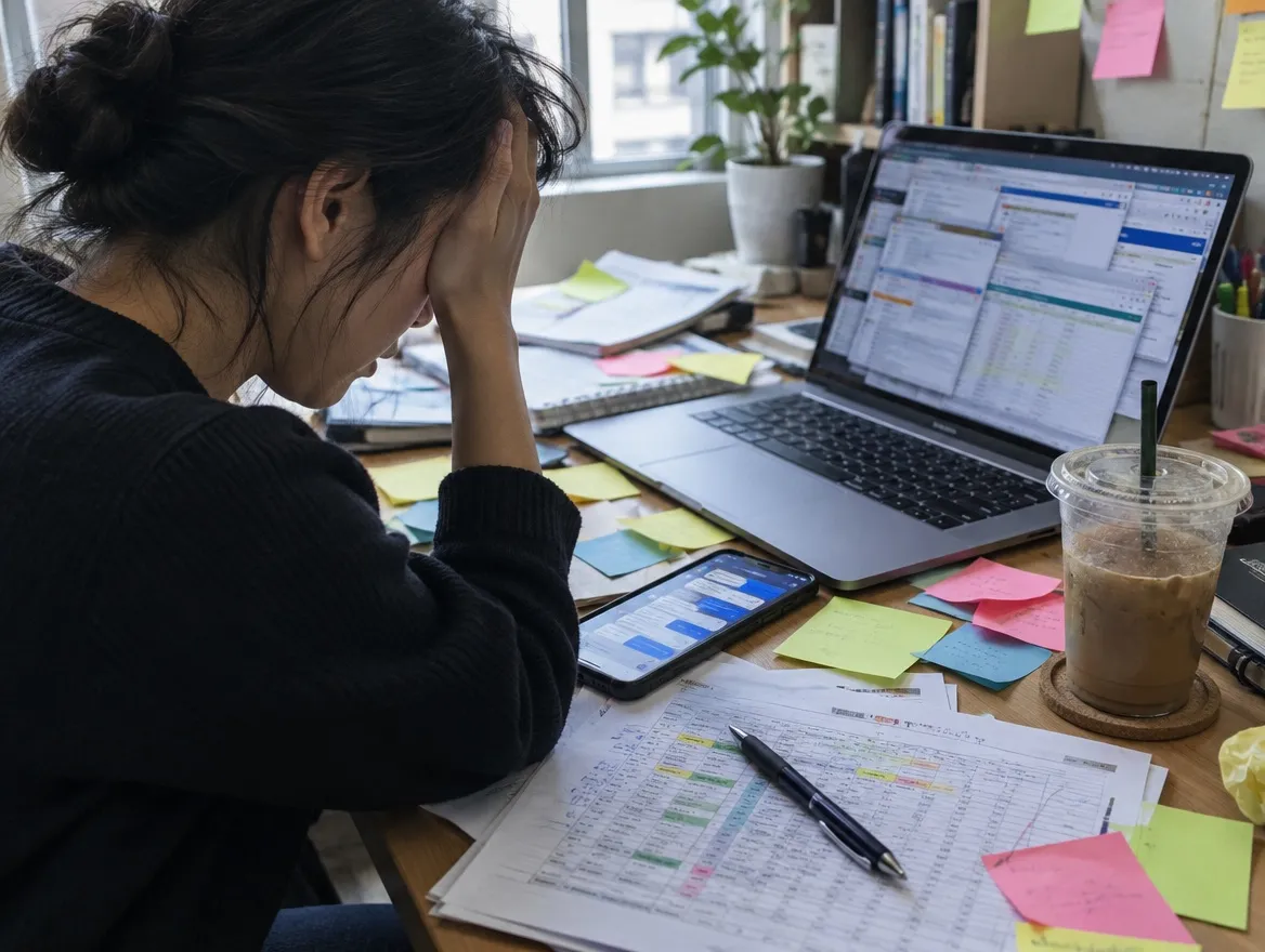 桌面堆滿便利貼、列印試算表與未讀訊息，使用者雙手掩面