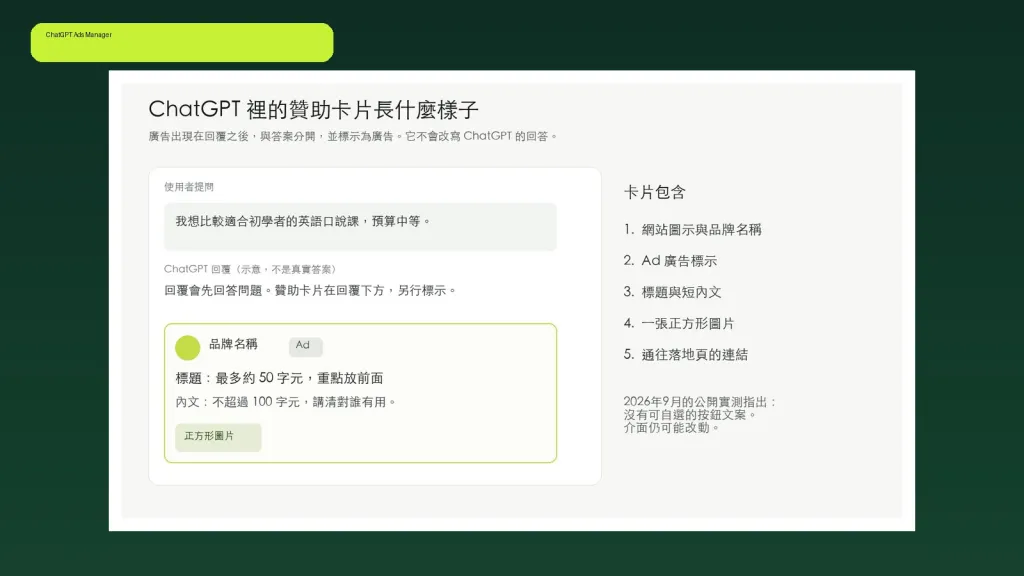 ChatGPT Ads Manager：贊助卡片組成示意